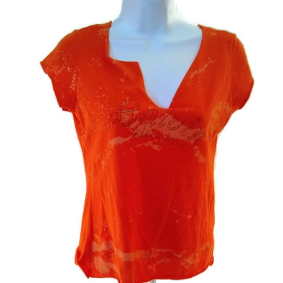 Calvin Klein Jeans Tops - Calvin Klein Womens T-Shirt V-Neck Raw Edge Orange Top Size Small
